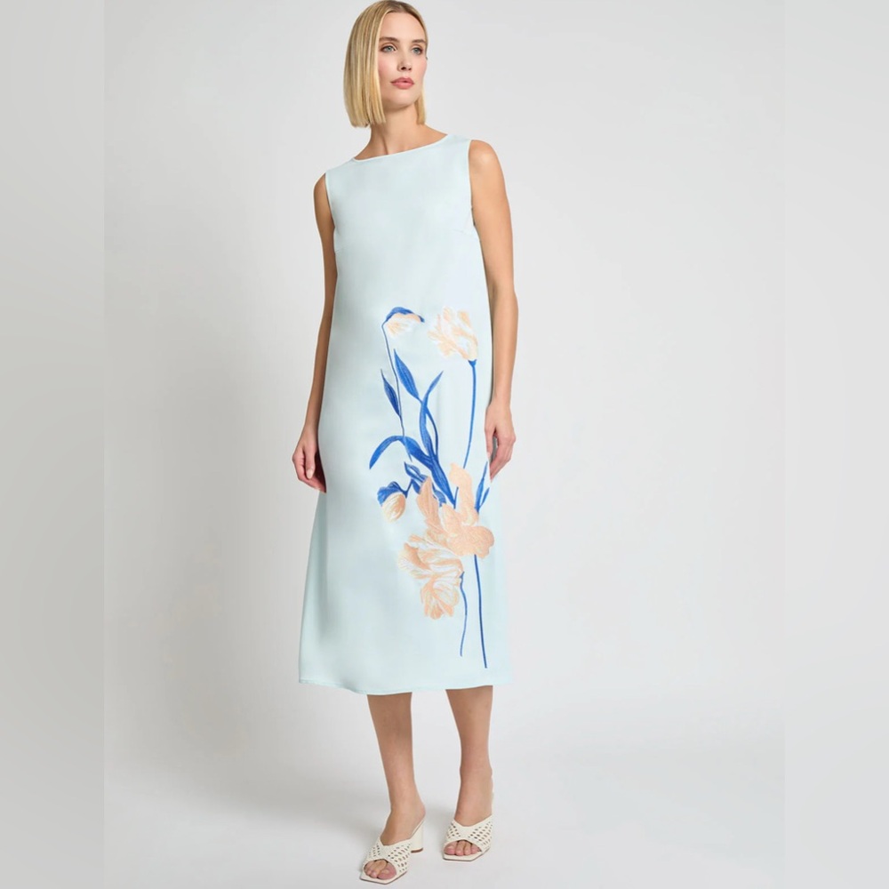 MISOOK Floral Embroidered Crepe de Chine Maxi Dress in color Aquatic Size Large